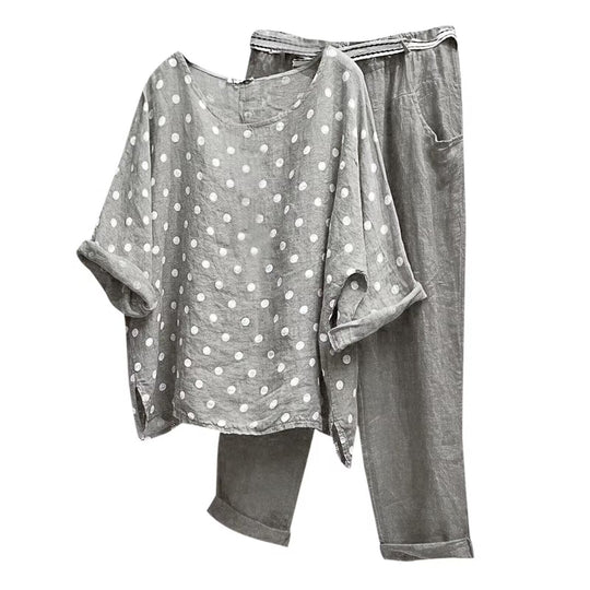 Damen nan Leinen-Loungewear-Set mit gepunkteter Oversize-Tunika und elastischer Bundhose R&B