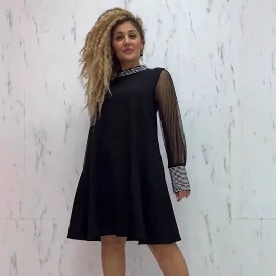 Damen nan A-Linien-Kurzkleid mit transparenten Mesh-Ärmeln und schmuckbesetztem Kragen R&B