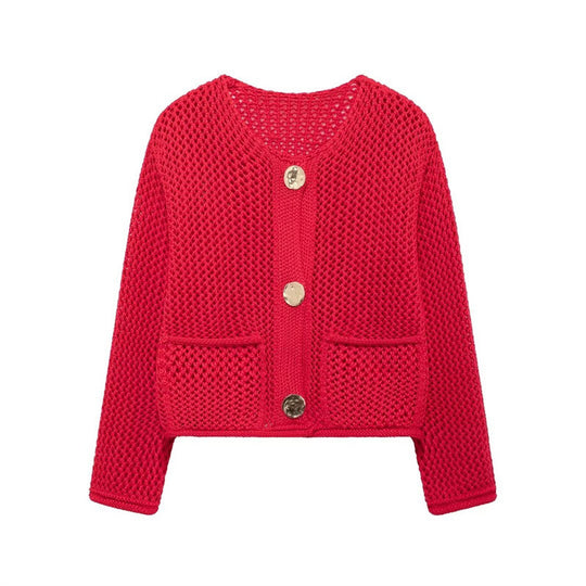 Damen luftige Strickjacke mit durchbrochenem Muster und praktischen Taschen R&B