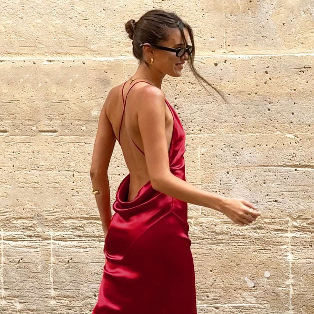 Damen Maxi-Kleid mit tiefem V-Ausschnitt und fließendem Saum R&B