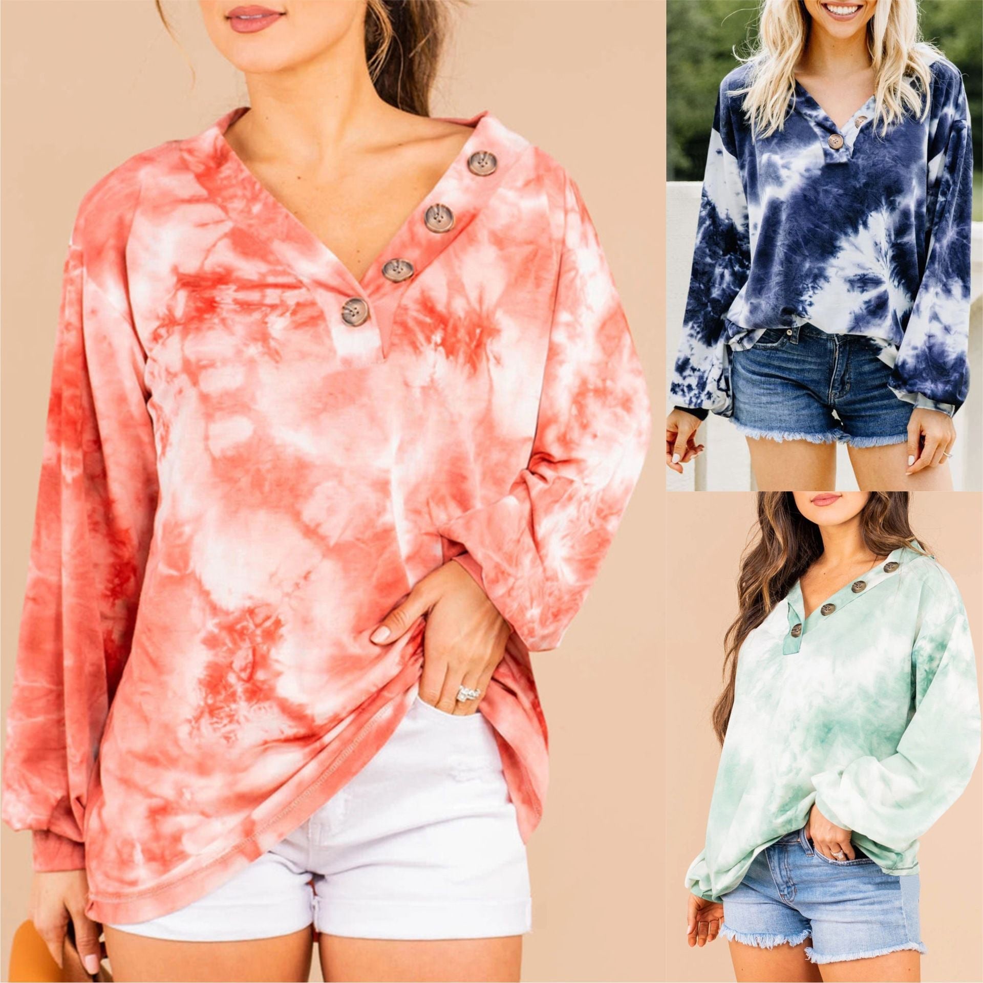 Damen lässiger Oversized-Pullover mit Knopfleiste R&B