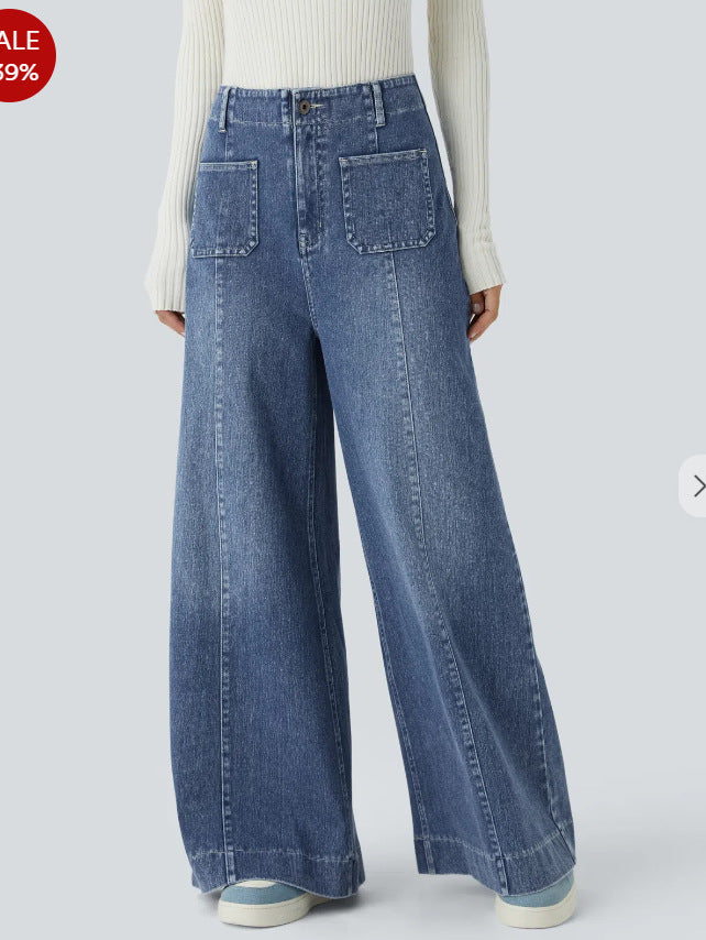 Damen Weitgeschnittene Denim-Hose mit hohen Bund und großen Taschen R&B