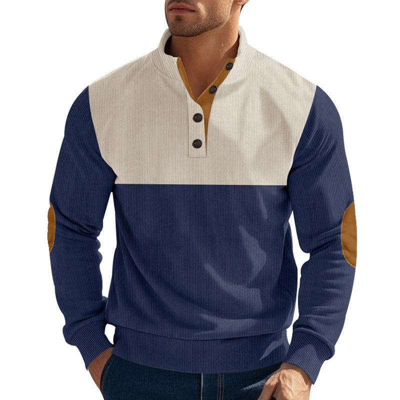 Herren nan Rippenstrickpullover mit Stehkragen Knopfleiste und Leder-Ellbogenpatches R&B