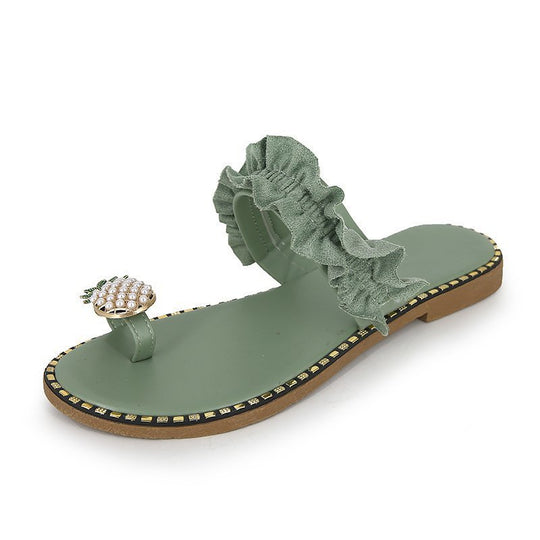 Damen Riemchen-Sandalen mit dekorativem Rüschendetail und Perlenschmuck R&B