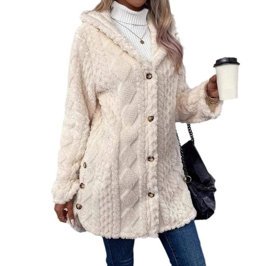 Damen Gemütlicher Hoodie-Mantel aus Teddy-Fleece R&B