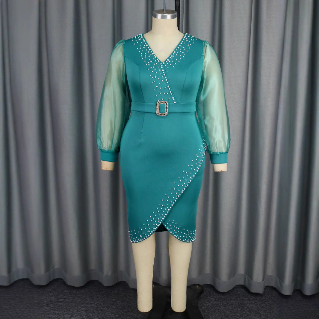 Damen Abendkleid mit eleganten Puffärmeln und funkelnden Applikationen R&B