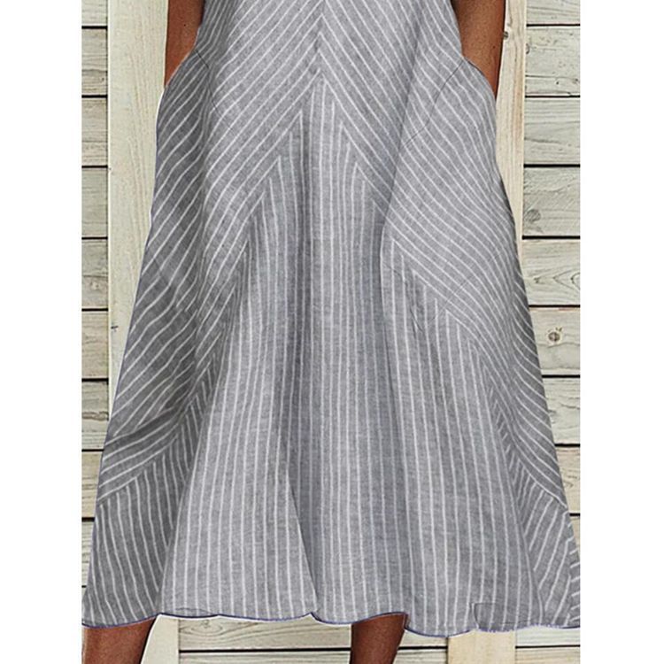 Damen nan ärmelloses A‑Linien Midikleid mit Rüschen-V-Ausschnitt diagonal gestreifter Leinenoptik und seitlichen Eingriffstaschen R&B