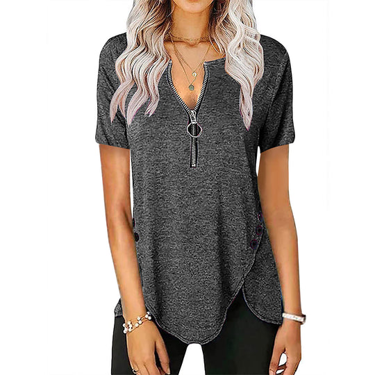 Damen Kurzarmshirt mit asymmetrischem Saum und Reißverschluss R&B
