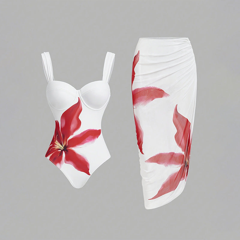 Damen Eleganter Badeanzug mit floralem Design und passendem Rock R&B
