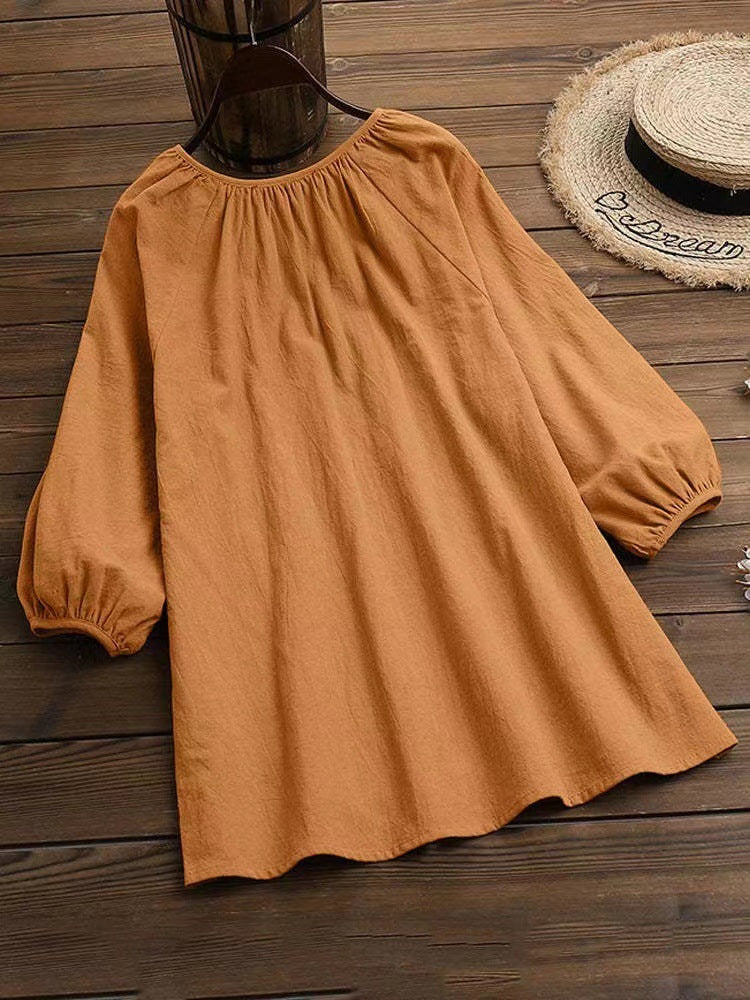 Damen Bluse mit elegantem Rundhalsausschnitt und knieumspielenden Puffärmeln R&B