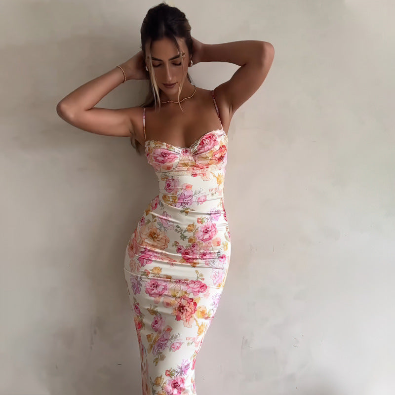 Damen figurbetontes Maxikleid mit floralem Design und elegantem V-Ausschnitt R&B