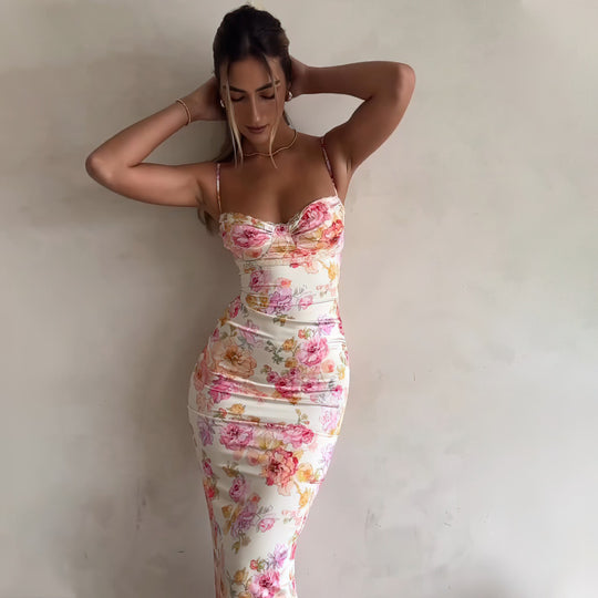 Damen figurbetontes Maxikleid mit floralem Design und elegantem V-Ausschnitt R&B
