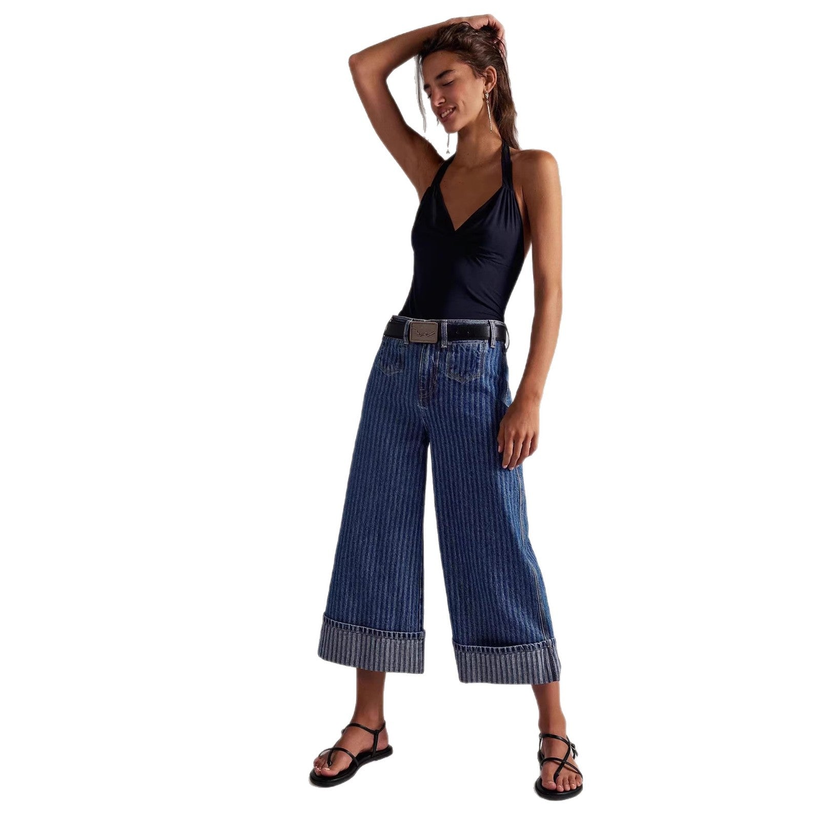 Damen Weite Jeans mit modischer Streifenbordüre