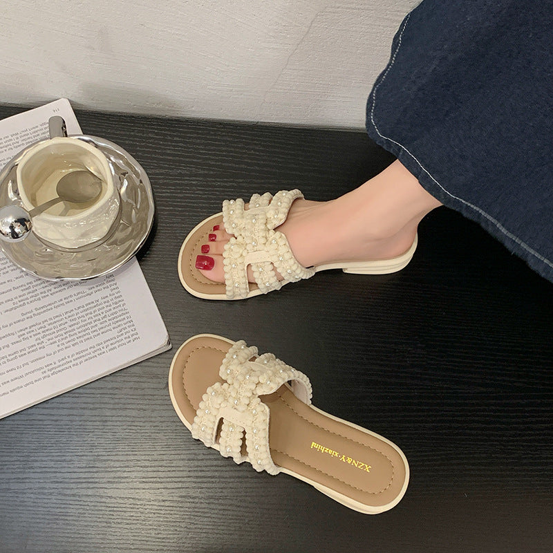 Damen Elegante Slide-Sandalen mit modischen Perlen- und Fransenakzenten EB