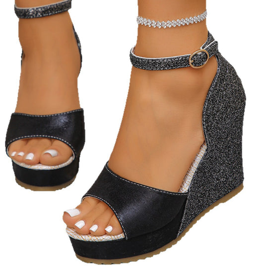 Damen Glamouröse Wedge-Sandalen mit verstellbarem Riemchen Heide Mode