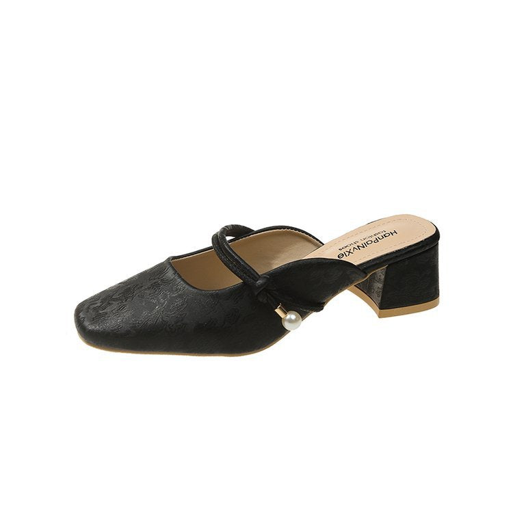 Damen modische Mules mit schicker Perlenapplikation und elegantem Blockabsatz R&B