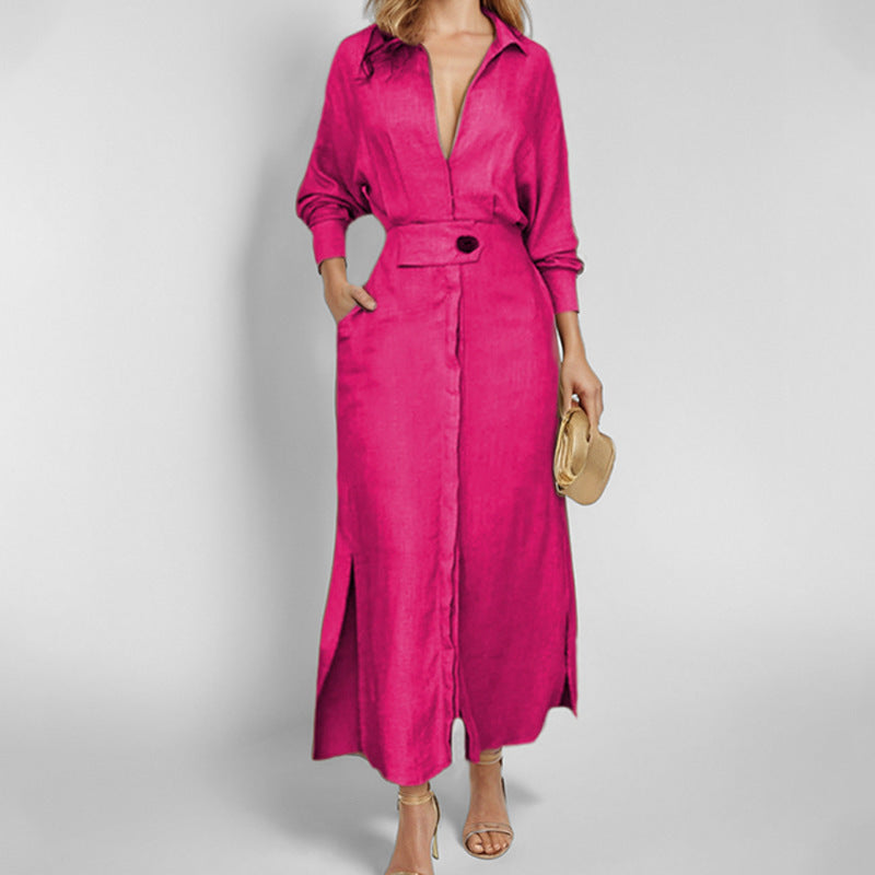 Damen elegantes Hemdblusenkleid mit Taillengürtel und seitlichen Schlitzen R&B