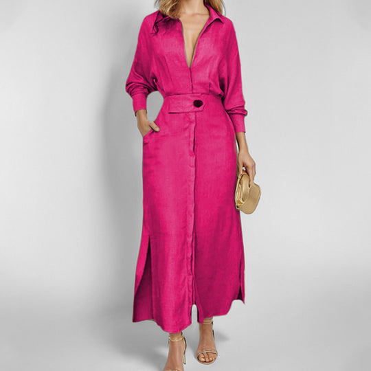 Damen elegantes Hemdblusenkleid mit Taillengürtel und seitlichen Schlitzen R&B