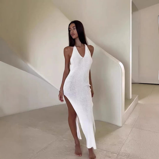Damen Elegantes Strick-Maxikleid mit hohem Schlitz R&B