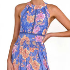 Damen Maxikleid mit elegantem Halterneck und buntem floralen Design R&B