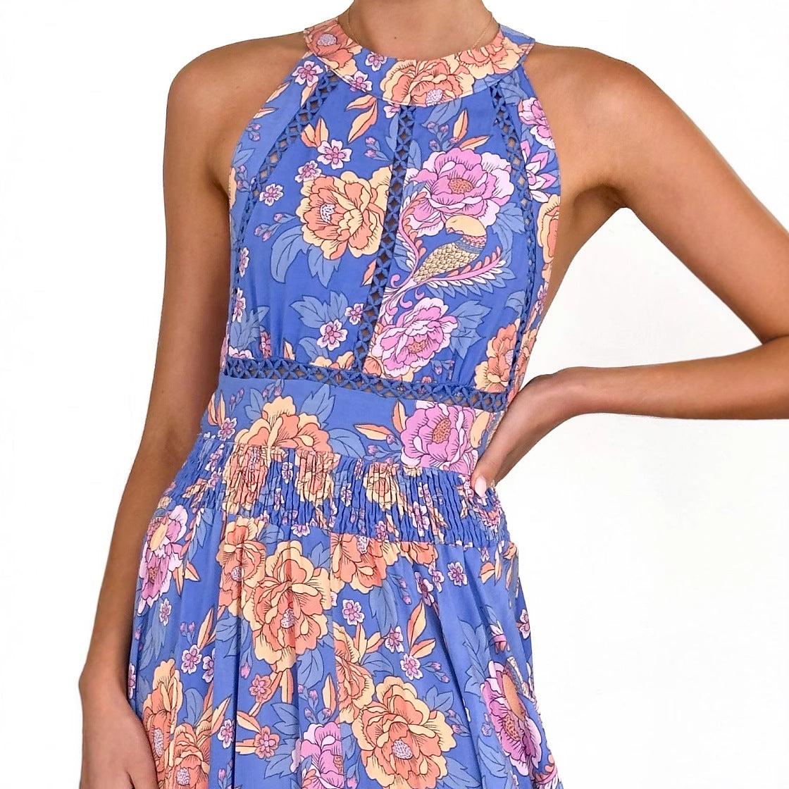 Damen Maxikleid mit elegantem Halterneck und buntem floralen Design R&B