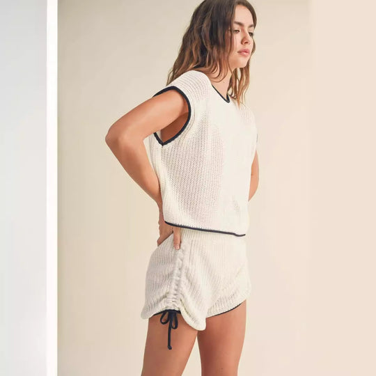 Damen Strickshorts-Set mit kontrastierenden Details und lockerem Schnitt R&B