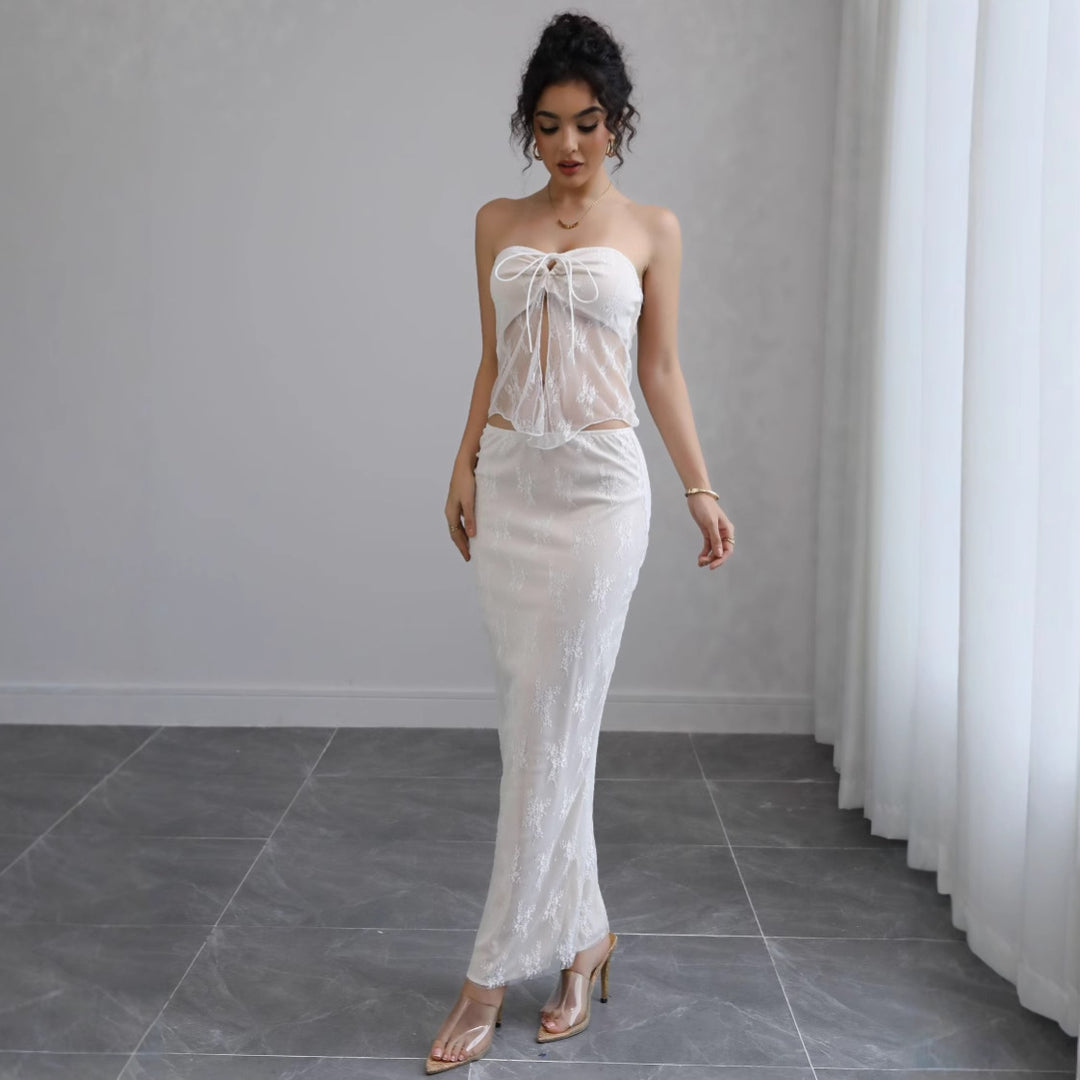 Damen Off-Shoulder Maxikleid mit feiner Spitze und elegantem Bund R&B