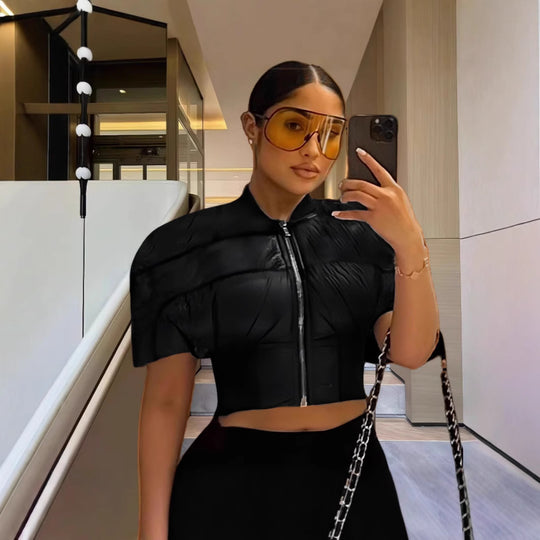 Damen modische cropped Jacke mit voluminösen Puffärmeln R&B