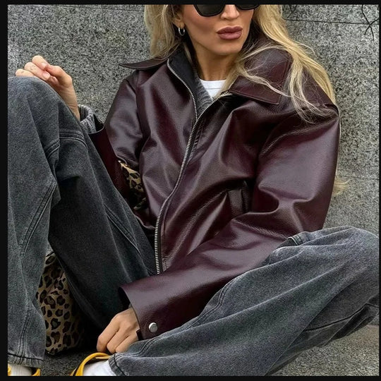 Damen Kunstlederjacke im lässigen Schnitt mit aufgesetzten Taschen R&B