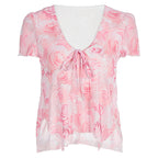 Damen Bluse mit romantischem Rosenmuster und zartem Bindegürtel R&B