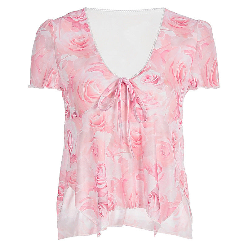 Damen Bluse mit romantischem Rosenmuster und zartem Bindegürtel R&B