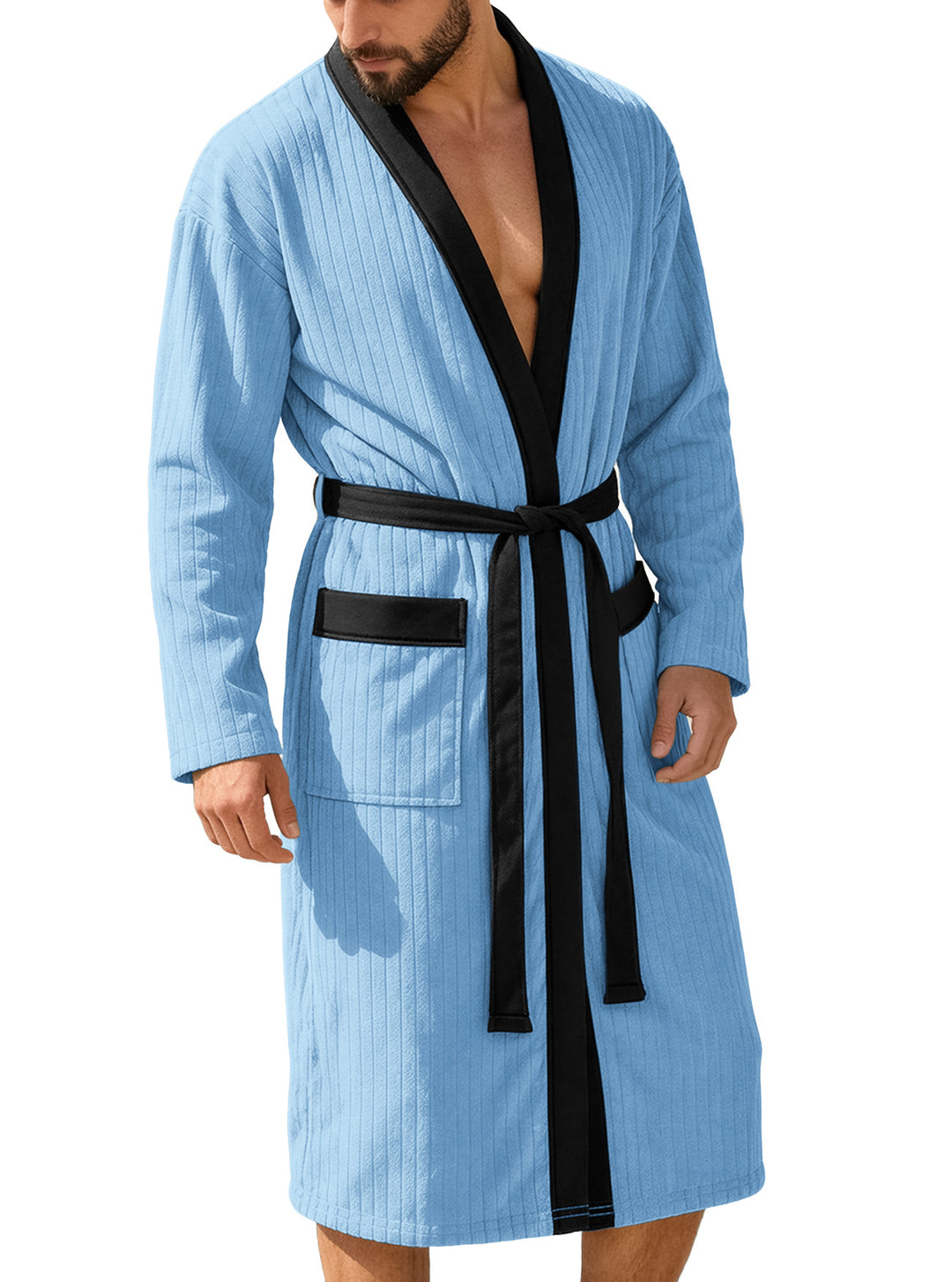 Herren nan wadenlanger Rippen-Bademantel im Kimono-Stil mit Schalkragen und Kontrastpaspel R&B