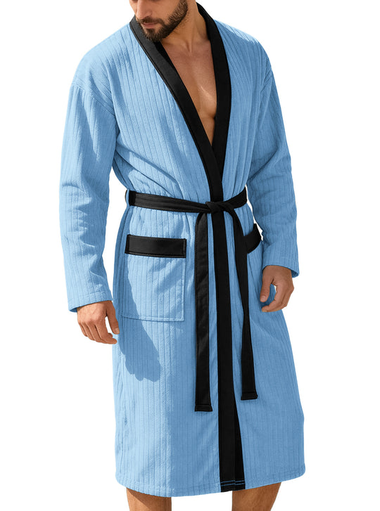 Herren nan wadenlanger Rippen-Bademantel im Kimono-Stil mit Schalkragen und Kontrastpaspel R&B