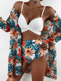 Damen Bikini-Set mit hochgeschnittenem Slip und floralem Kimono