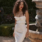 Damen elegantes Spitzen-Maxikleid mit Rüschendetails und schmalen Spaghettiträgern R&B