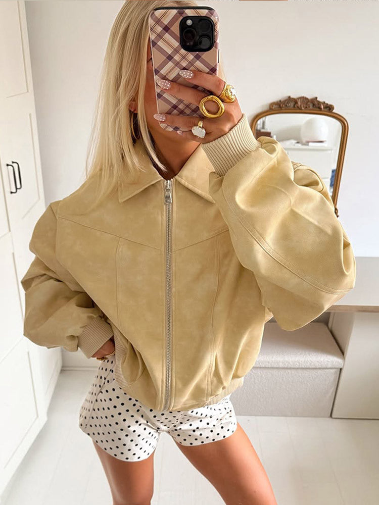Damen trendy Kunstlederjacke mit voluminösen Ärmeln R&B