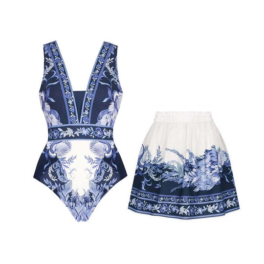 Damen Einteiler Badeanzug mit floralem Design und V-Ausschnitt R&B