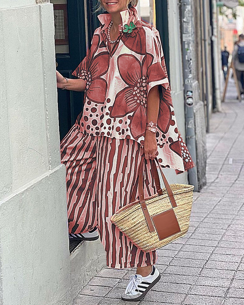 Damen Übergroßes Tunika-Set mit floralem Muster und gestreiften Hosen R&B