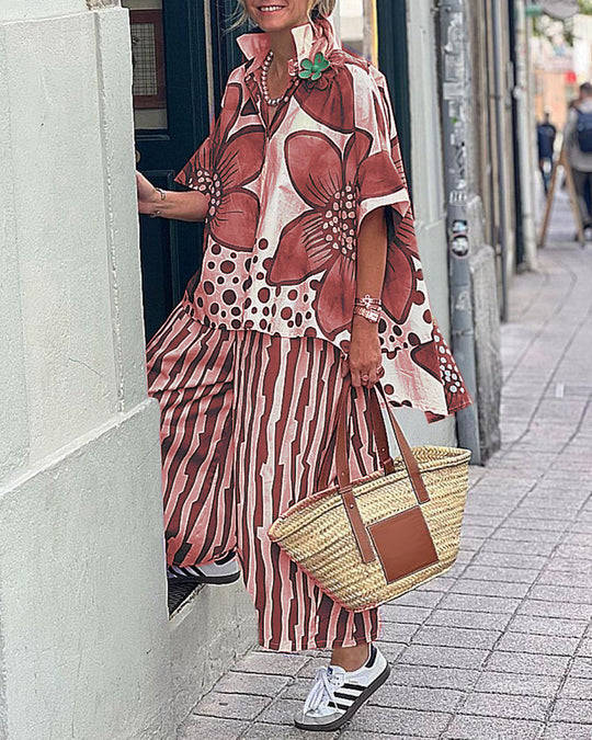 Damen Übergroßes Tunika-Set mit floralem Muster und gestreiften Hosen R&B