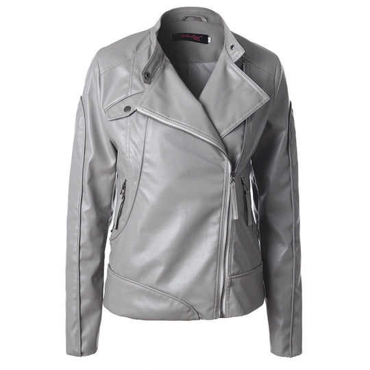 Damen Modische Kunstlederjacke mit asymmetrischem Reißverschluss und Stehkragen R&B