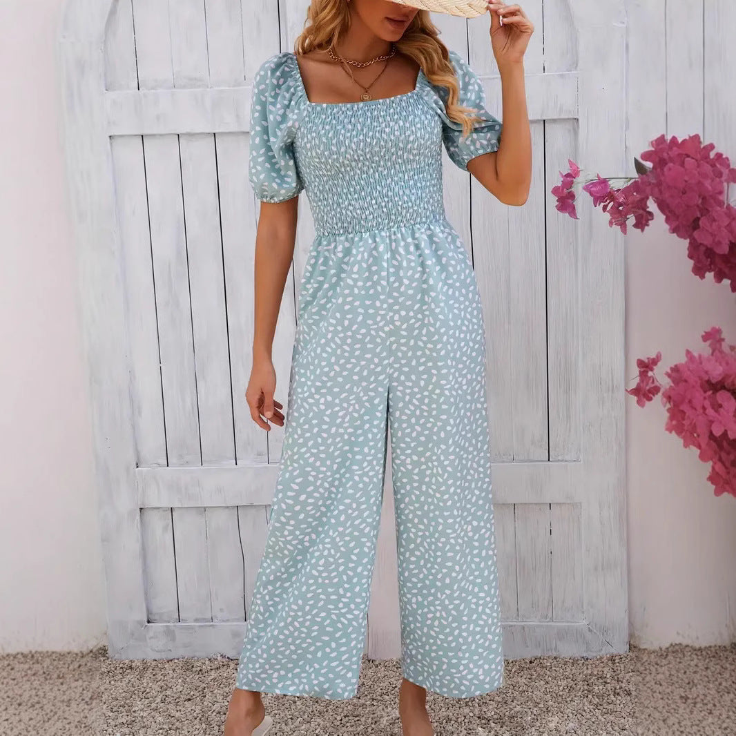 Damen Blumenmuster Jumpsuit mit Puffärmeln und Seitentaschen R&B