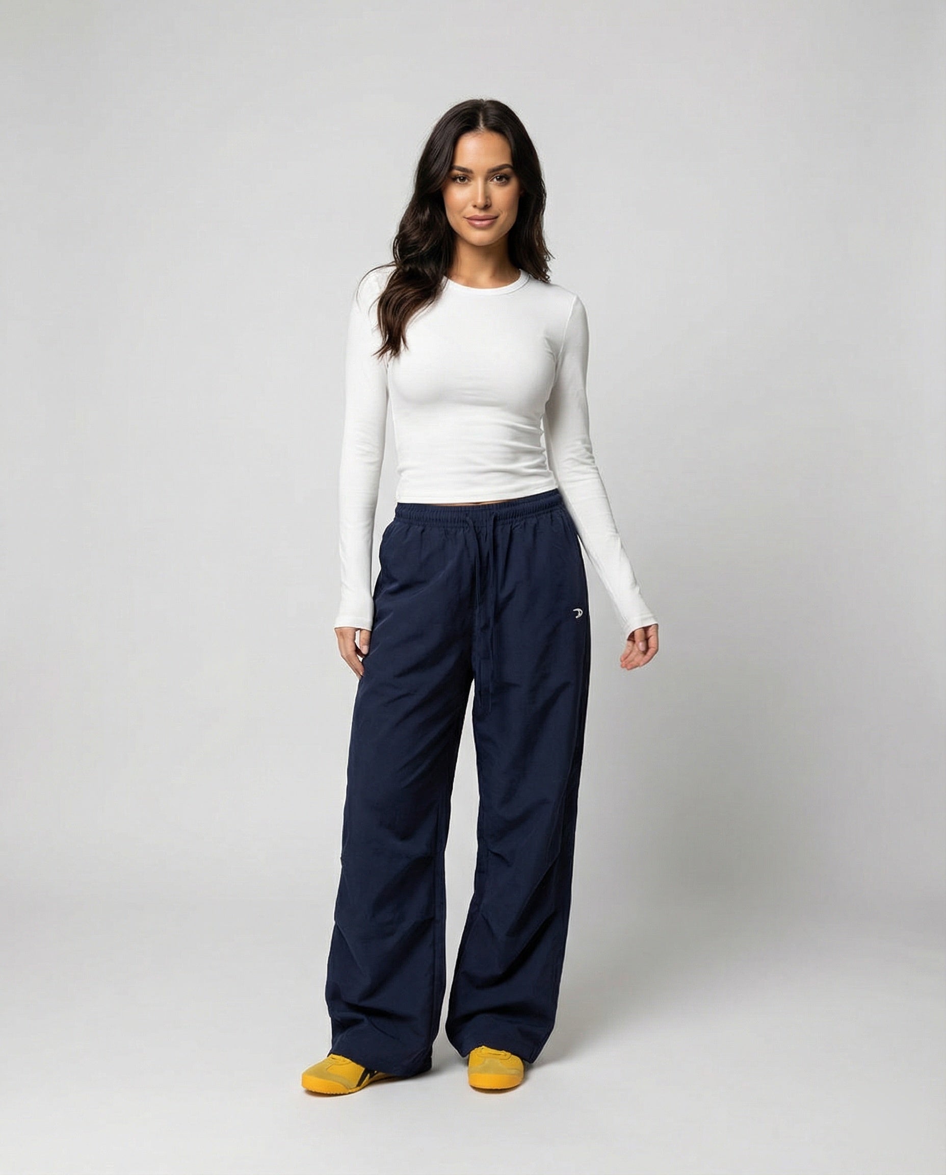 Damen weite Bundhose mit elastischem Tunnelzug langen Schlagbeinen und seitlicher Teilungsnaht R&B
