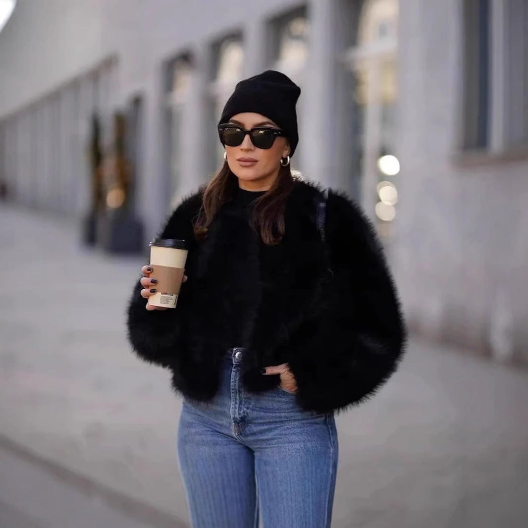 Damen Plüschige Kurzjacke mit tiefem V-Ausschnitt R&B