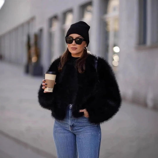 Damen Plüschige Kurzjacke mit tiefem V-Ausschnitt R&B