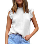 Damen luftige Bluse mit Rüschendetails und Stehkragen R&B