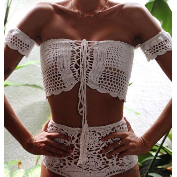 Damen Häkel-Bikini-Set mit dekorativen Fransen und trendigem Oberteil R&B