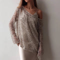 Damen Glitzernde Netzbluse mit asymmetrischem Halsausschnitt und langen Ärmeln R&B