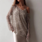 Damen Glitzernde Netzbluse mit asymmetrischem Halsausschnitt und langen Ärmeln R&B