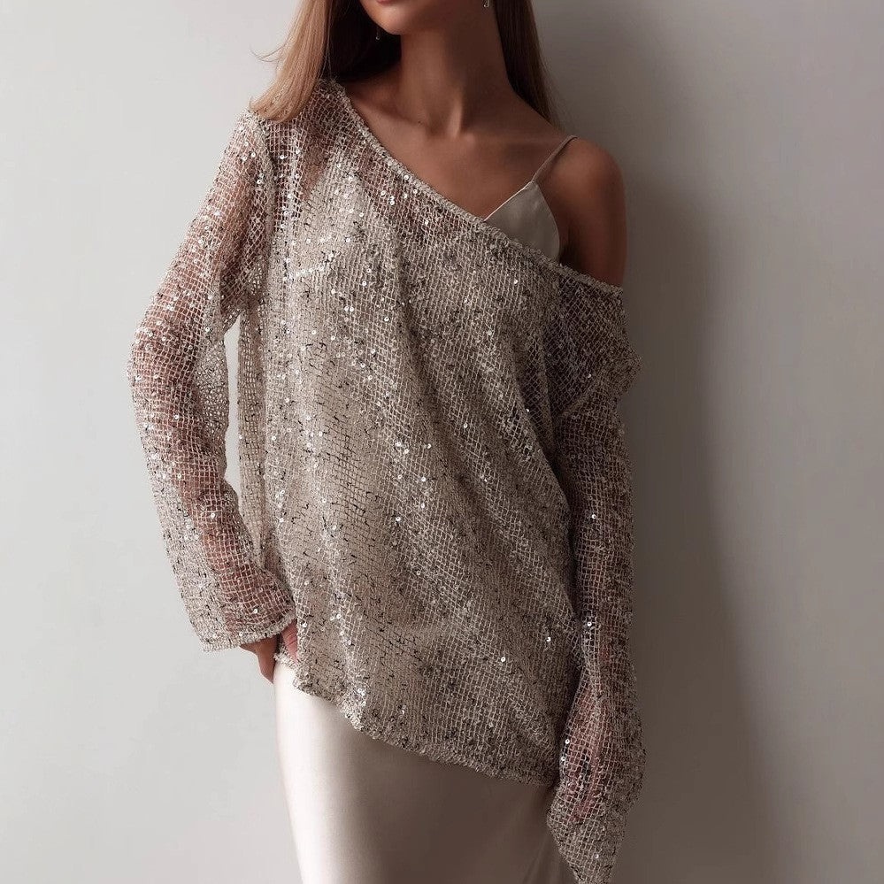 Damen Glitzernde Netzbluse mit asymmetrischem Halsausschnitt und langen Ärmeln R&B