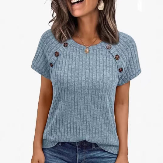 Damen lässiges Rippenstrick-T-Shirt mit Knöpfen R&B